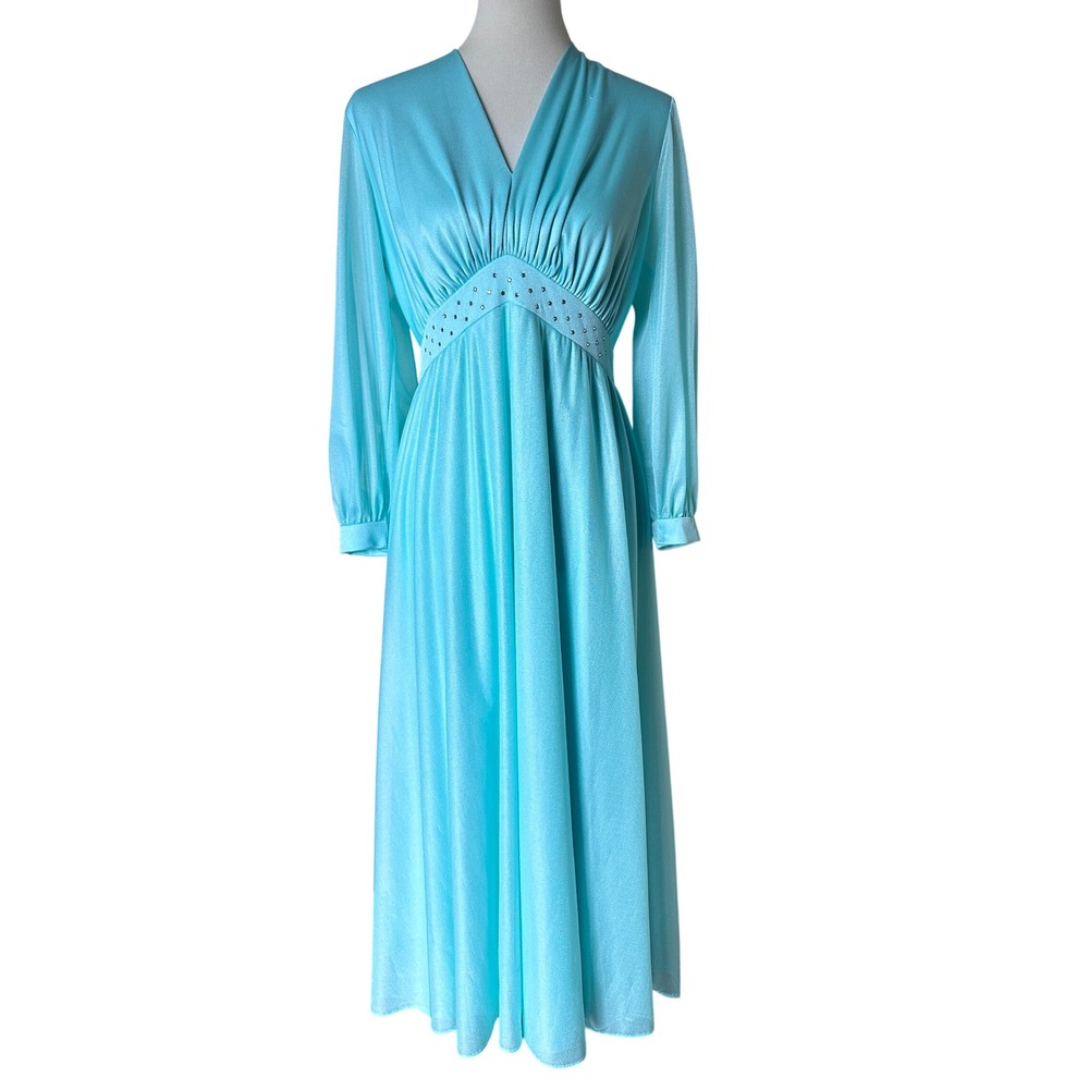 Vintage Aqua Blue Shimmer Maxi Dress Rhinestone Empire Waist Long Sleeve V-Neck